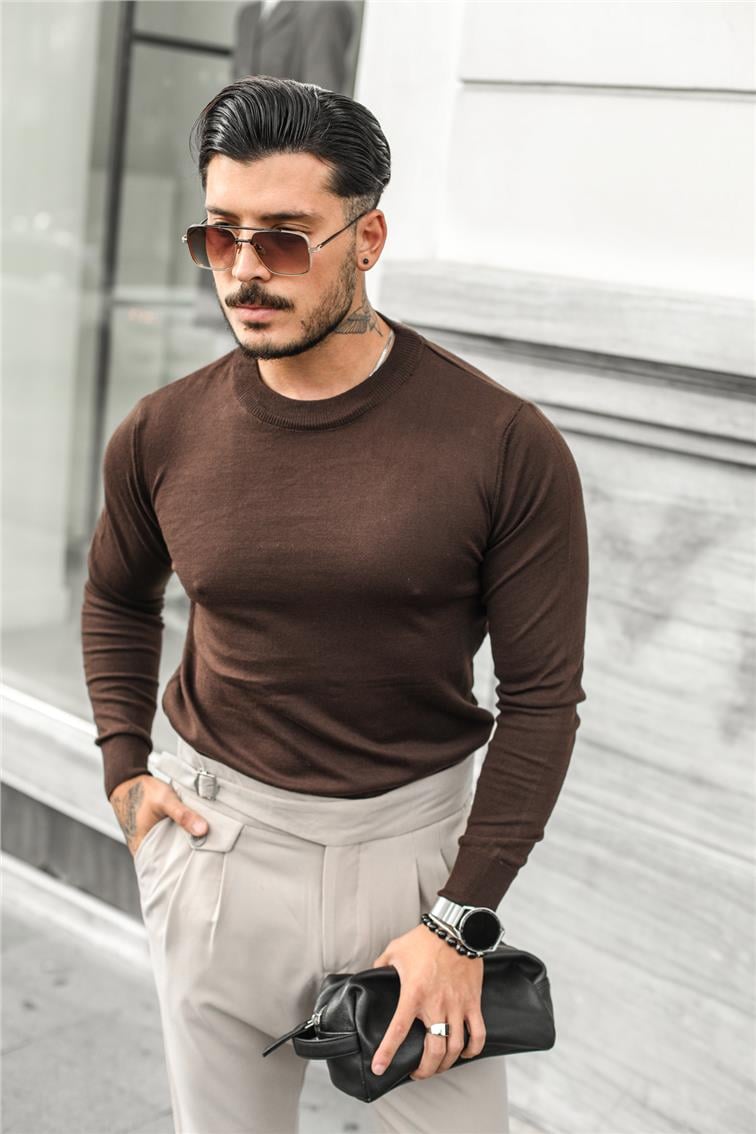 Basic Triko Slim Fit Kazak Acı Kahve