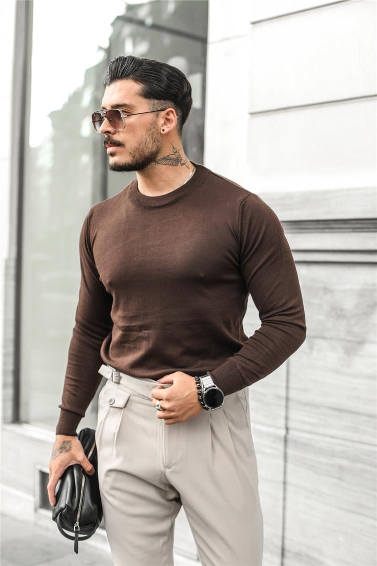 Basic Triko Slim Fit Kazak Acı Kahve