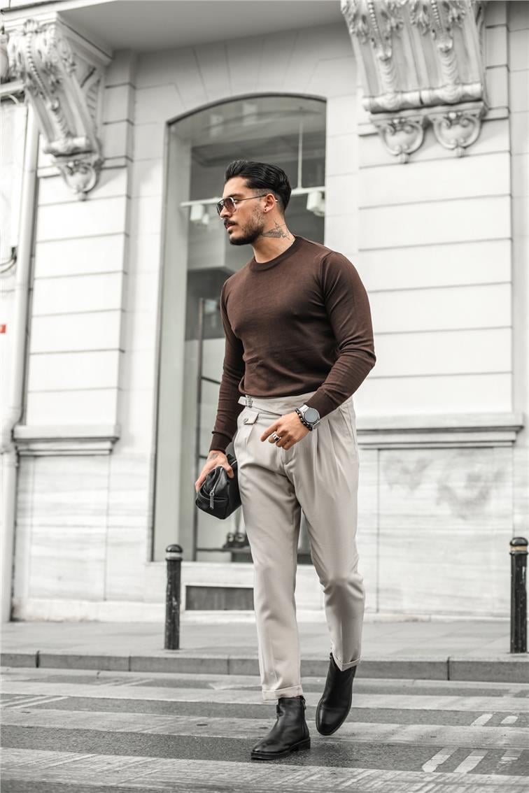 Basic Triko Slim Fit Kazak Acı Kahve