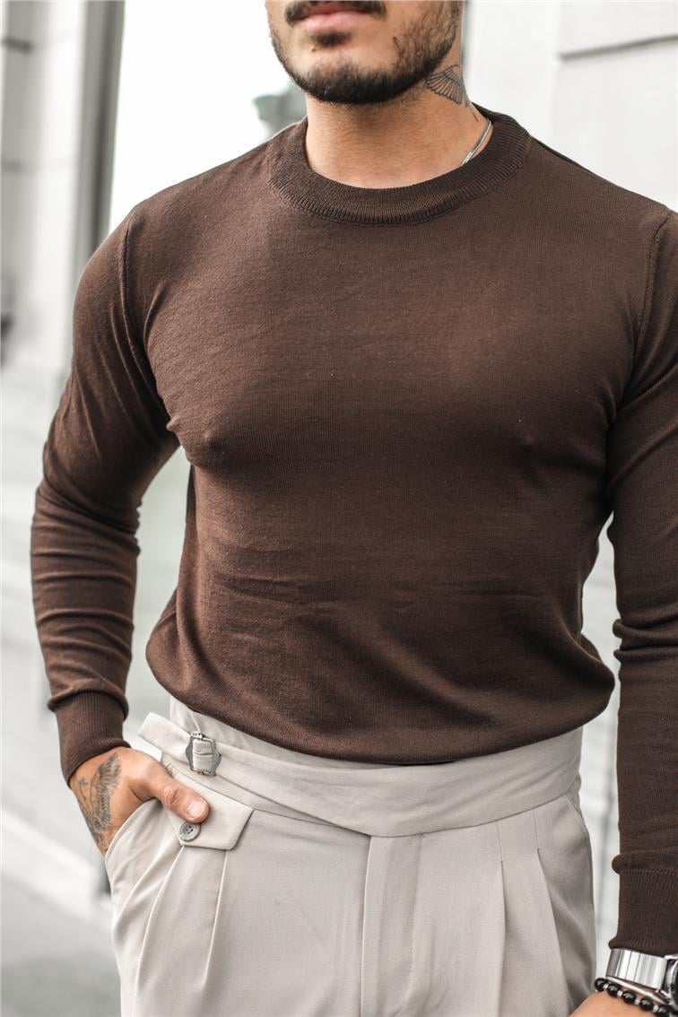 Basic Triko Slim Fit Kazak Acı Kahve
