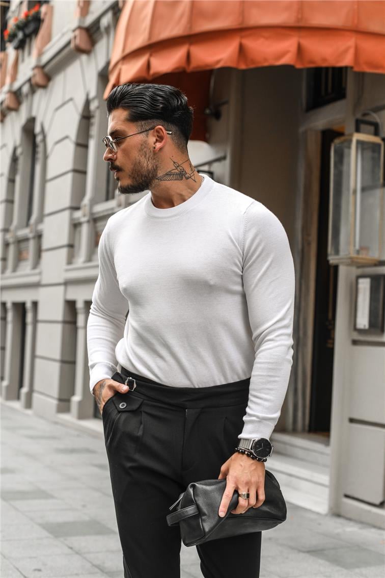 Basic Triko Slim Fit Kazak Beyaz