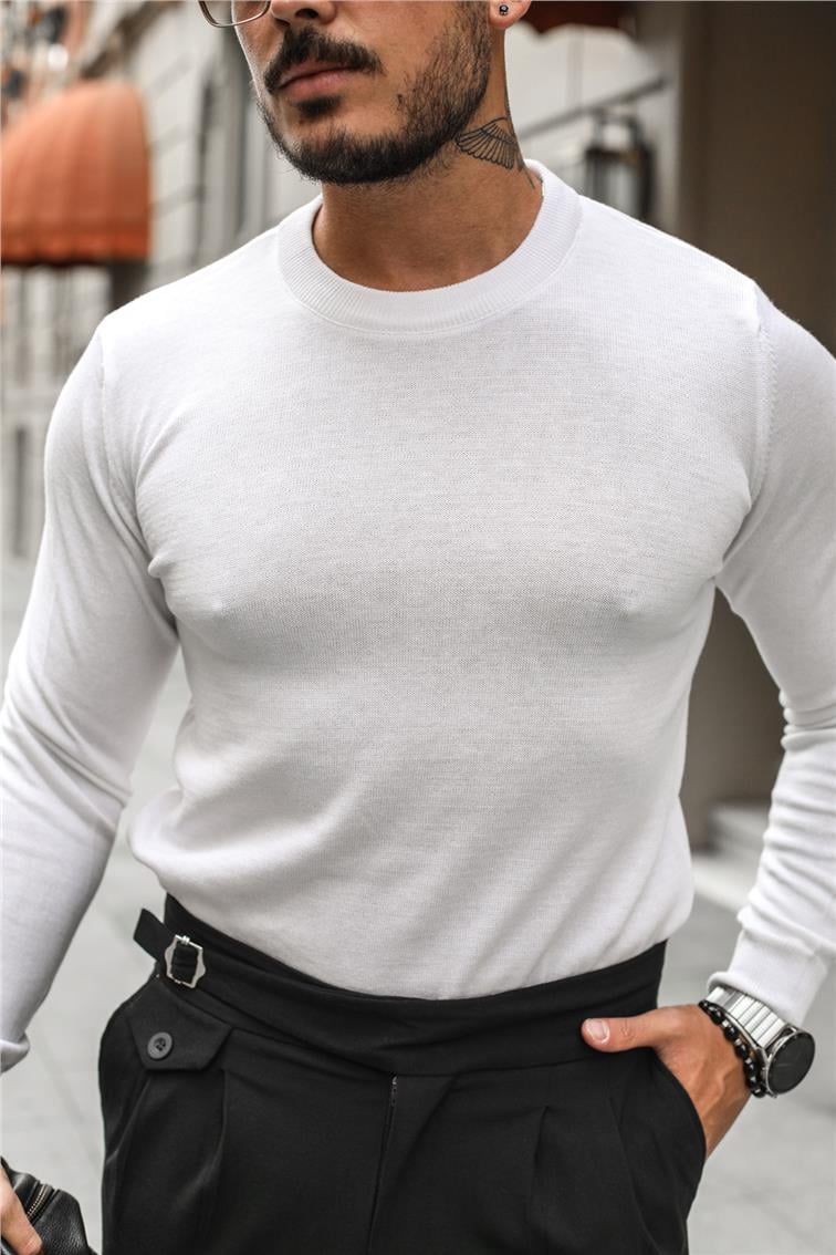 Basic Triko Slim Fit Kazak Beyaz