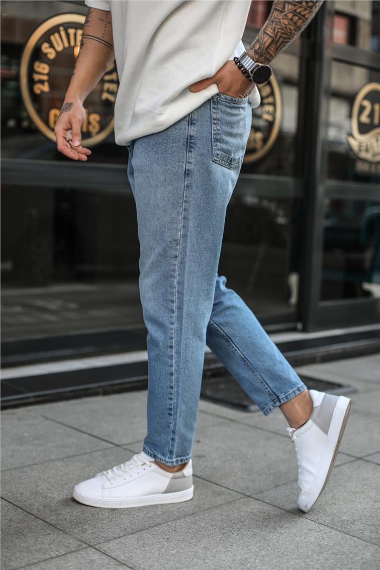 Basic Yıkamalı Boyfriend Jean Mavi