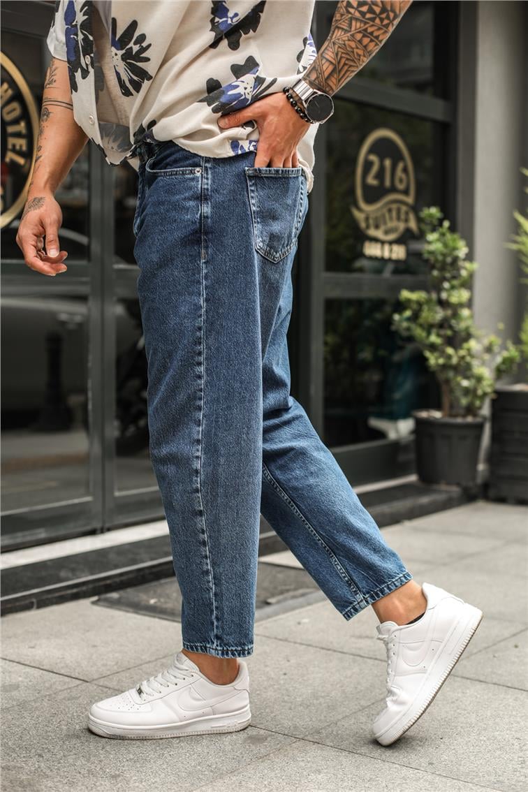 Basic Yıkamalı Mom Jean Koyu Mavi