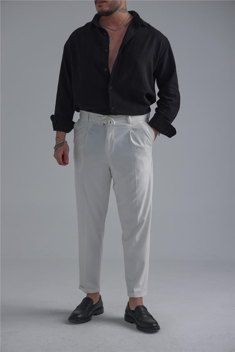 Bel Bağlamalı İtalyan Kesim Pantolon Beyaz