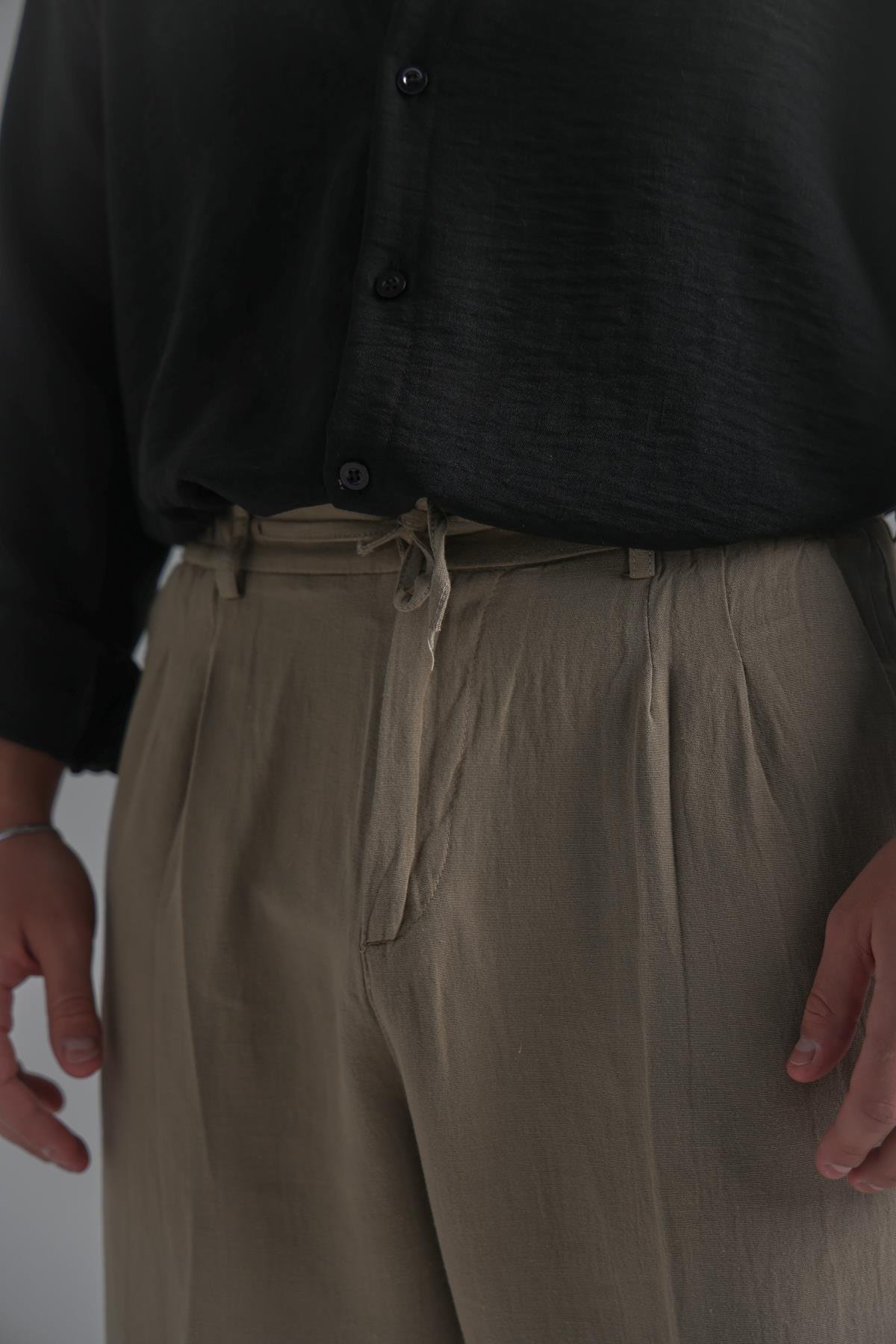 Bel Bağlamalı Keten Baggy Açık Haki