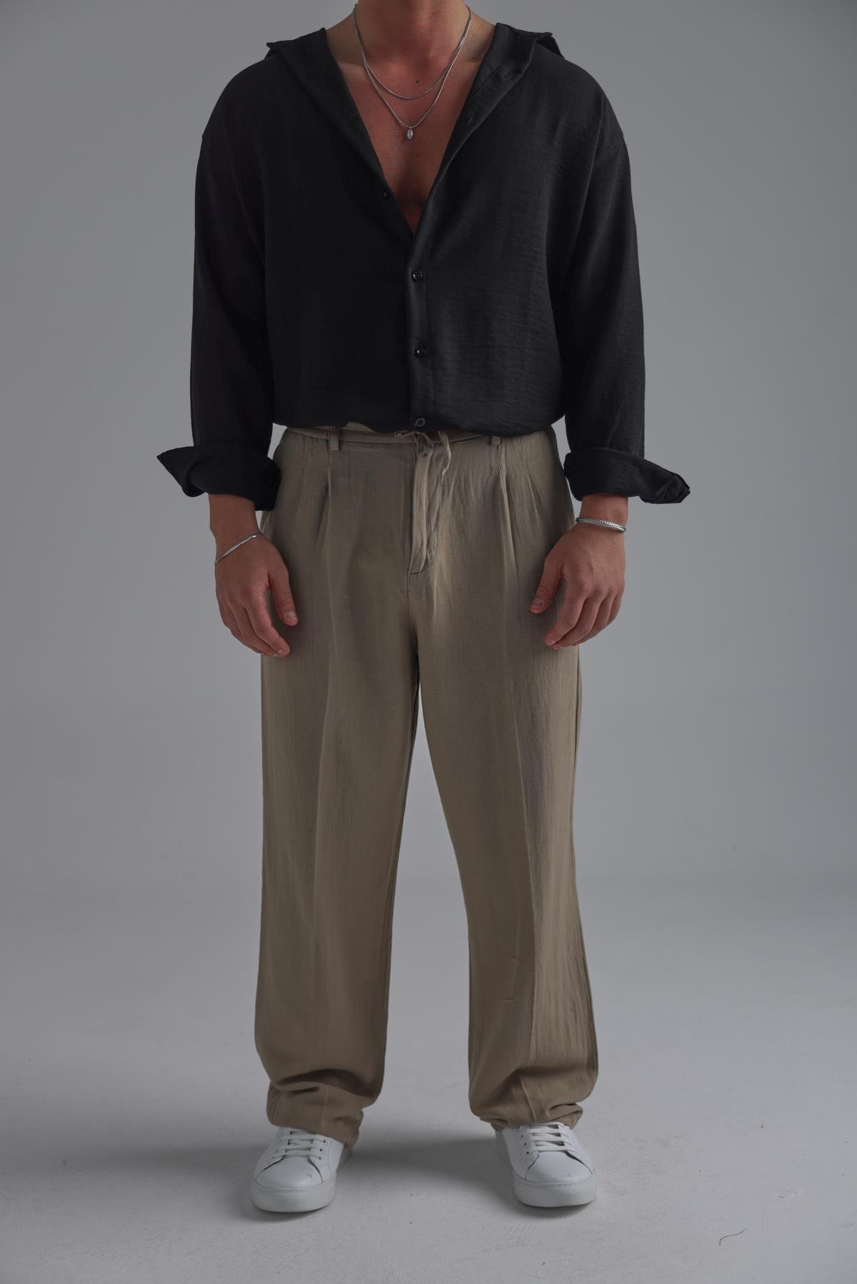 Bel Bağlamalı Keten Baggy Açık Haki