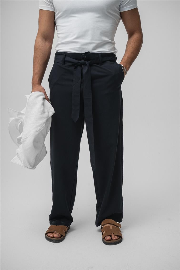 Bel Kuşaklı Klasik Baggy Pant. Lacivert