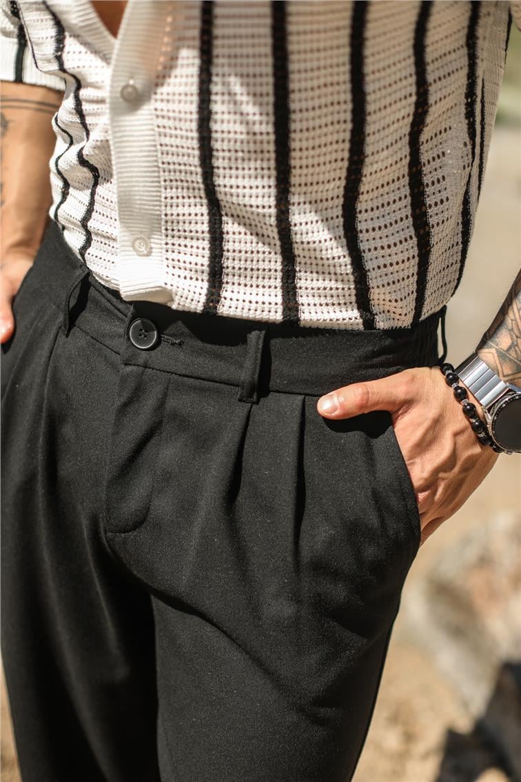 Bel Lastikli Klasik Baggy Pantolon Siyah