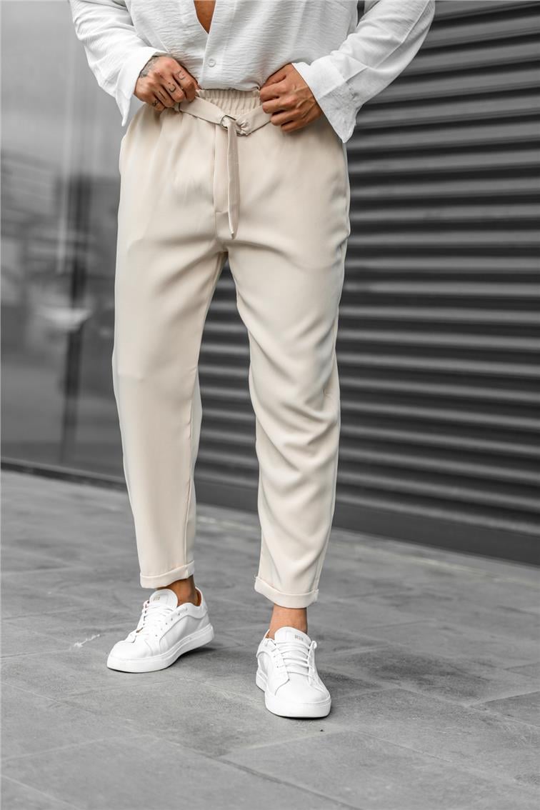 Beli Kuşaklı Basic Mom Pantolon Bej