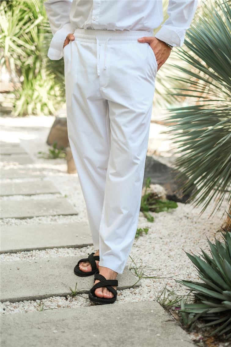 Beli Lastikli Basic Boyfriend Pantolon Beyaz