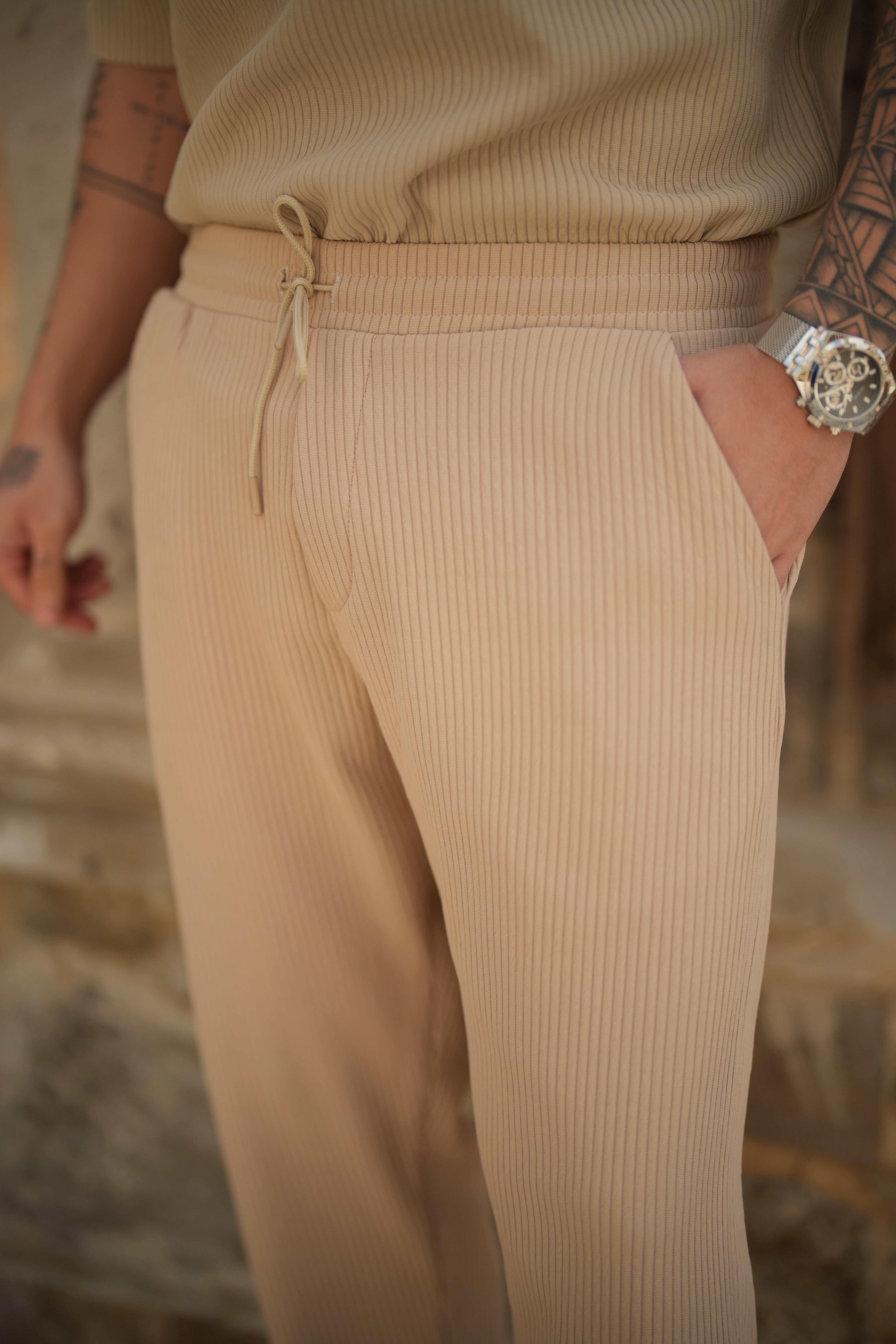 Beli Lastikli Fitilli Baggy Pantolon Bej