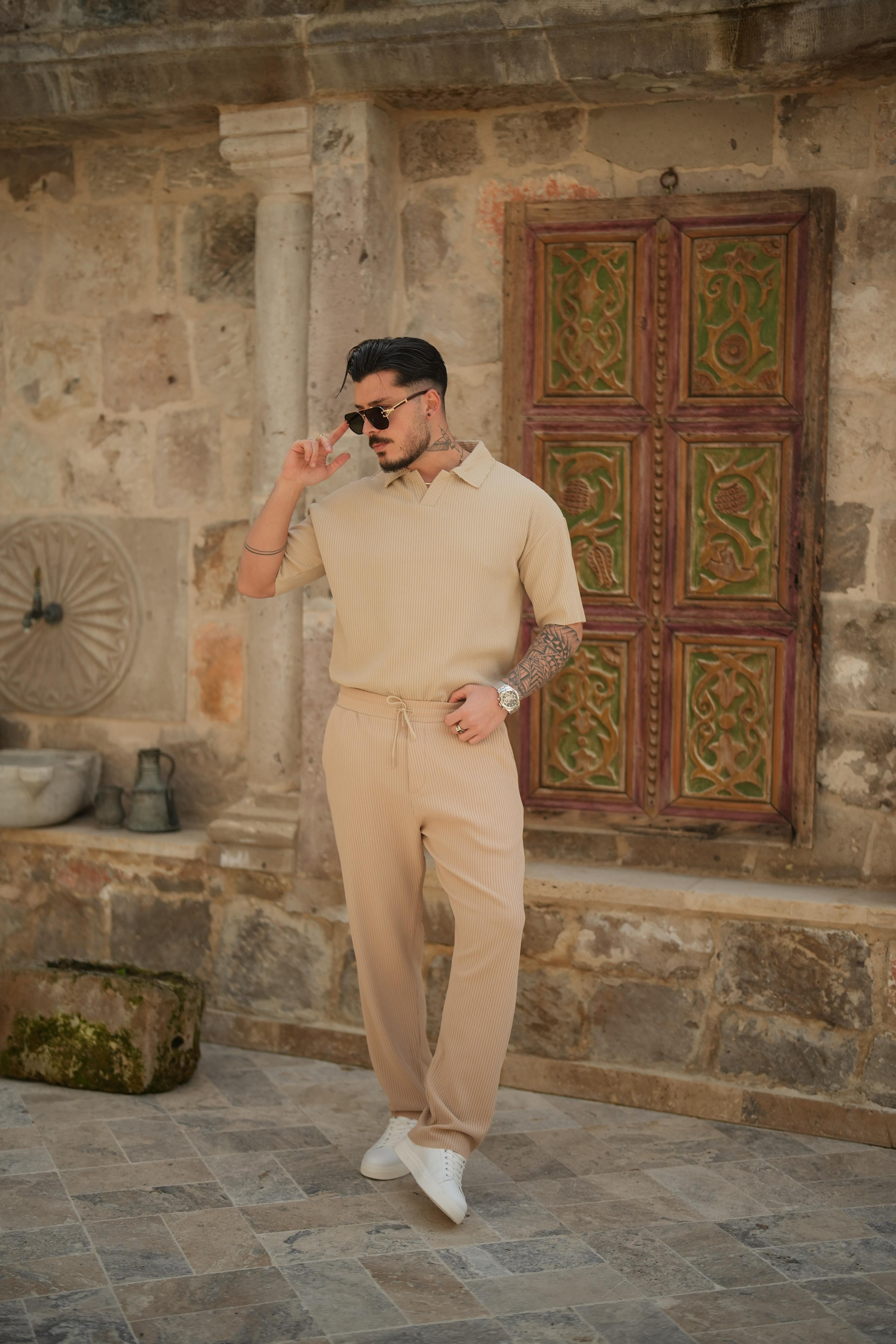 Beli Lastikli Fitilli Baggy Pantolon Bej