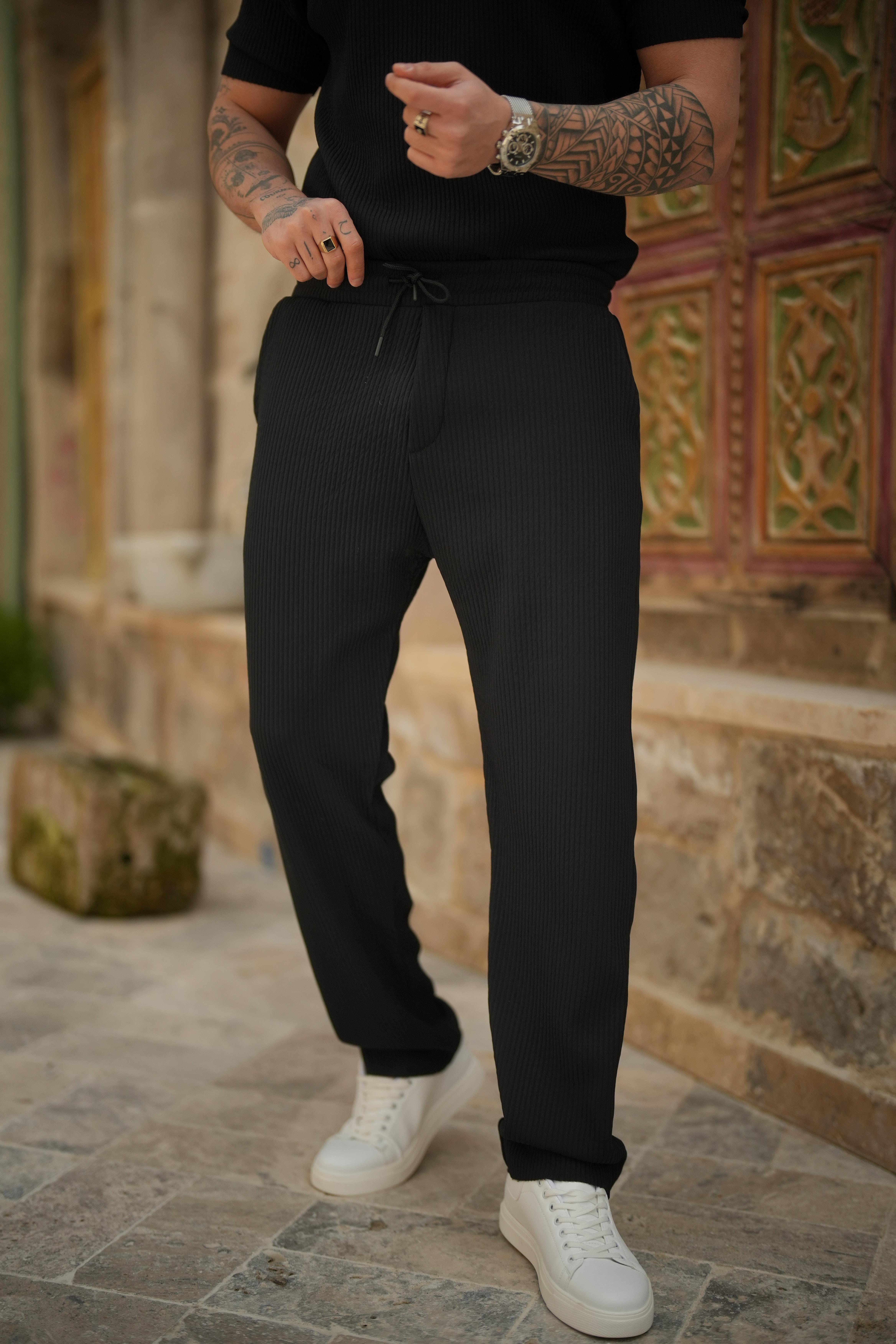 Beli Lastikli Fitilli Baggy Pantolon Siyah