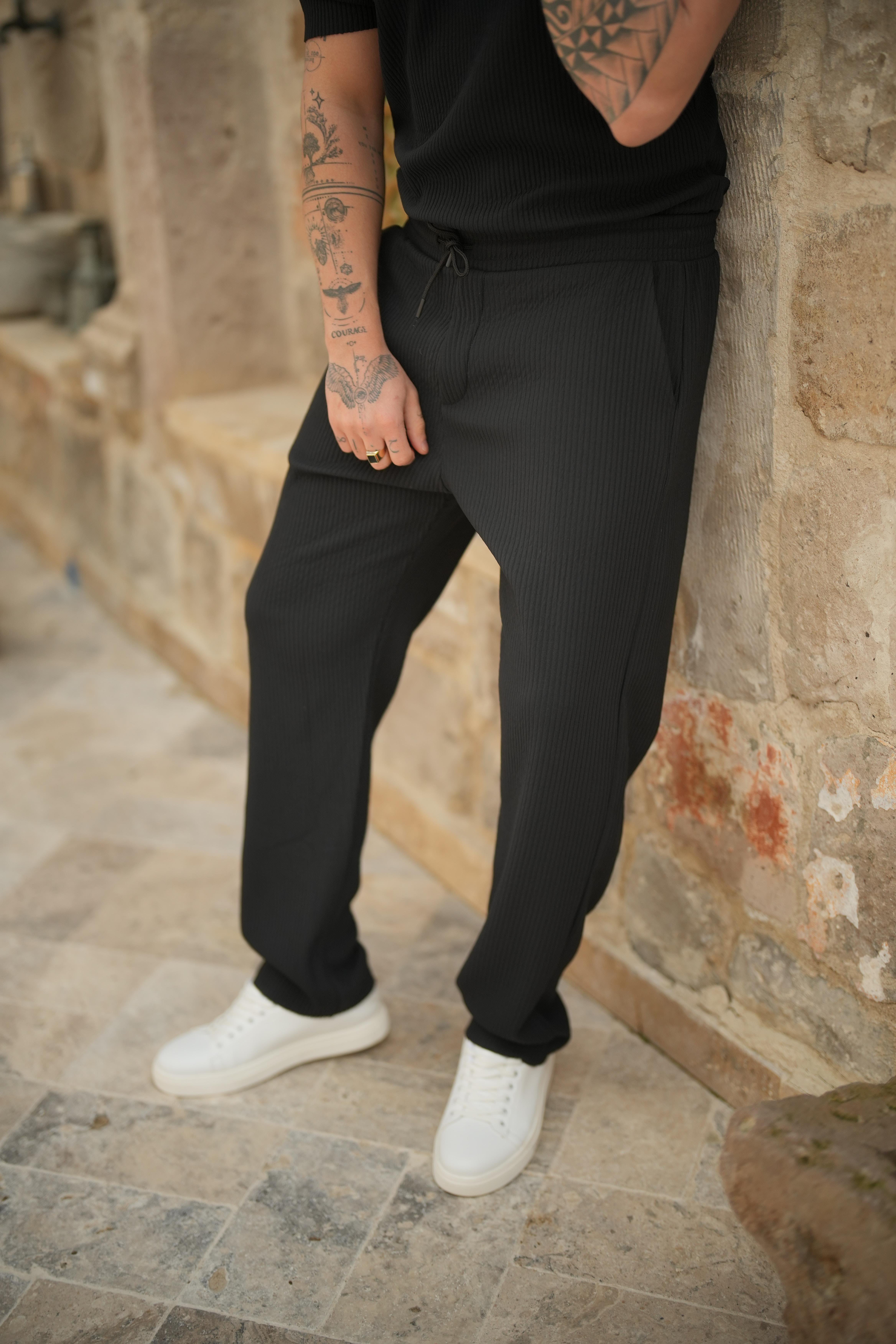 Beli Lastikli Fitilli Baggy Pantolon Siyah
