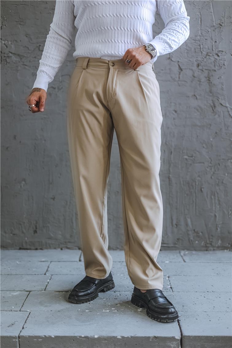 Beli Lastikli Klasik Baggy Pantolon Taş