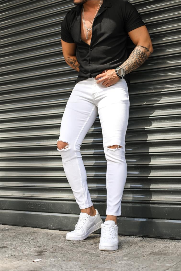 Beyaz Dizi Yırtık Skinny Jean Beyaz