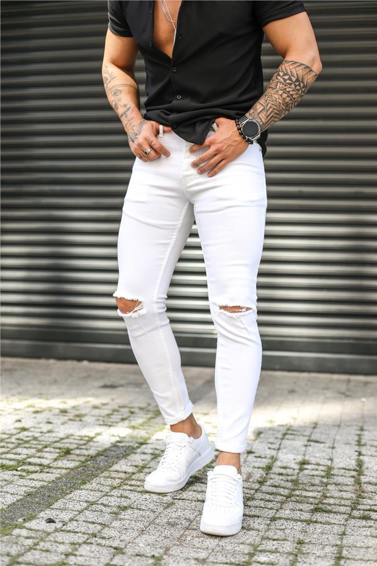 Beyaz Dizi Yırtık Skinny Jean Beyaz