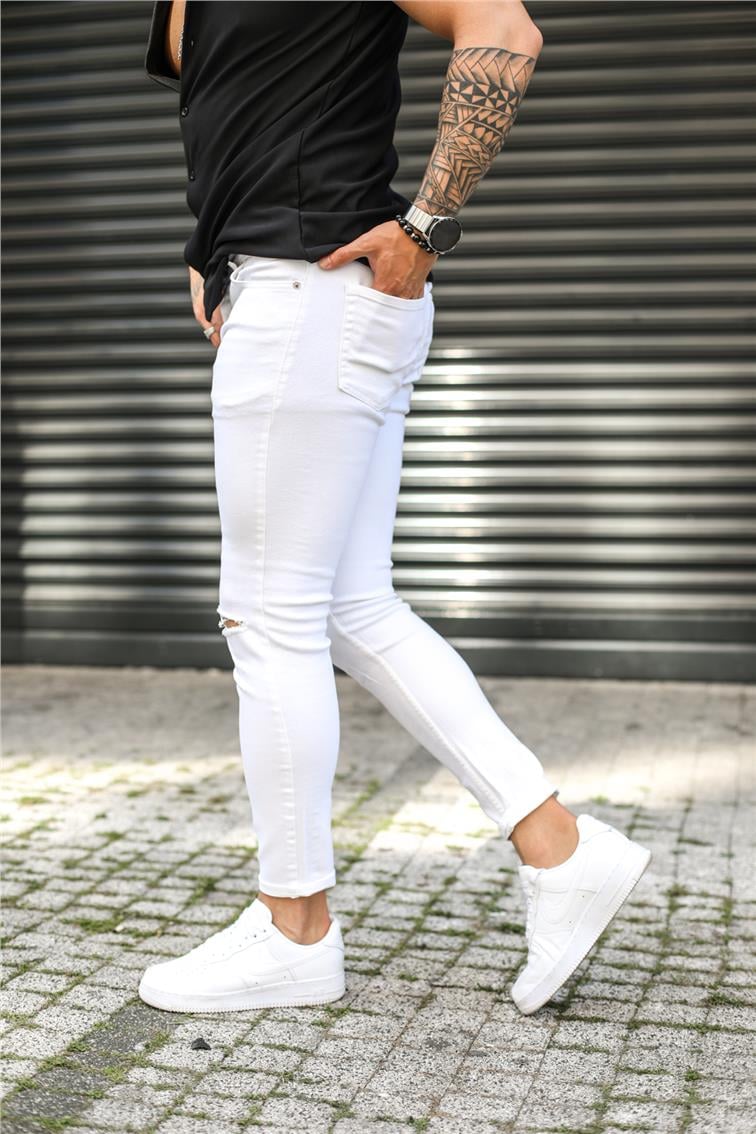 Beyaz Dizi Yırtık Skinny Jean Beyaz