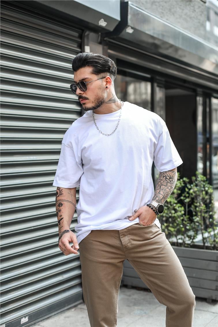 Bisiklet Yaka Oversize Dolgun Basic Tshırt Beyaz