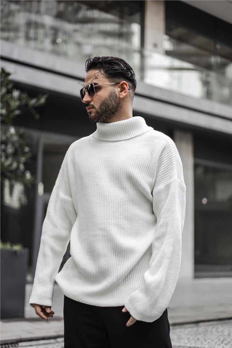 Boğazlı Örme Oversize Kazak Beyaz