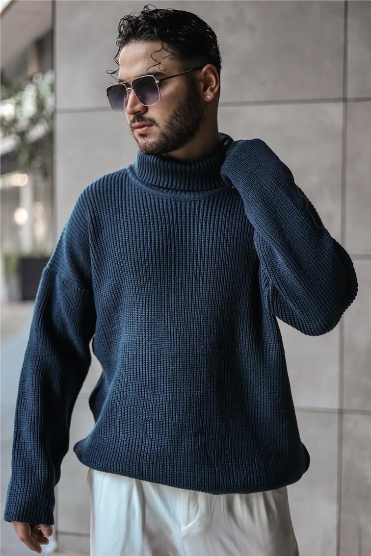 Boğazlı Örme Oversize Kazak İndigo