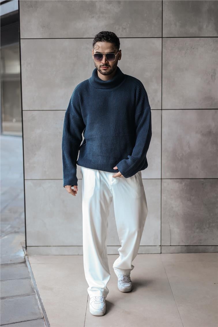 Boğazlı Örme Oversize Kazak İndigo