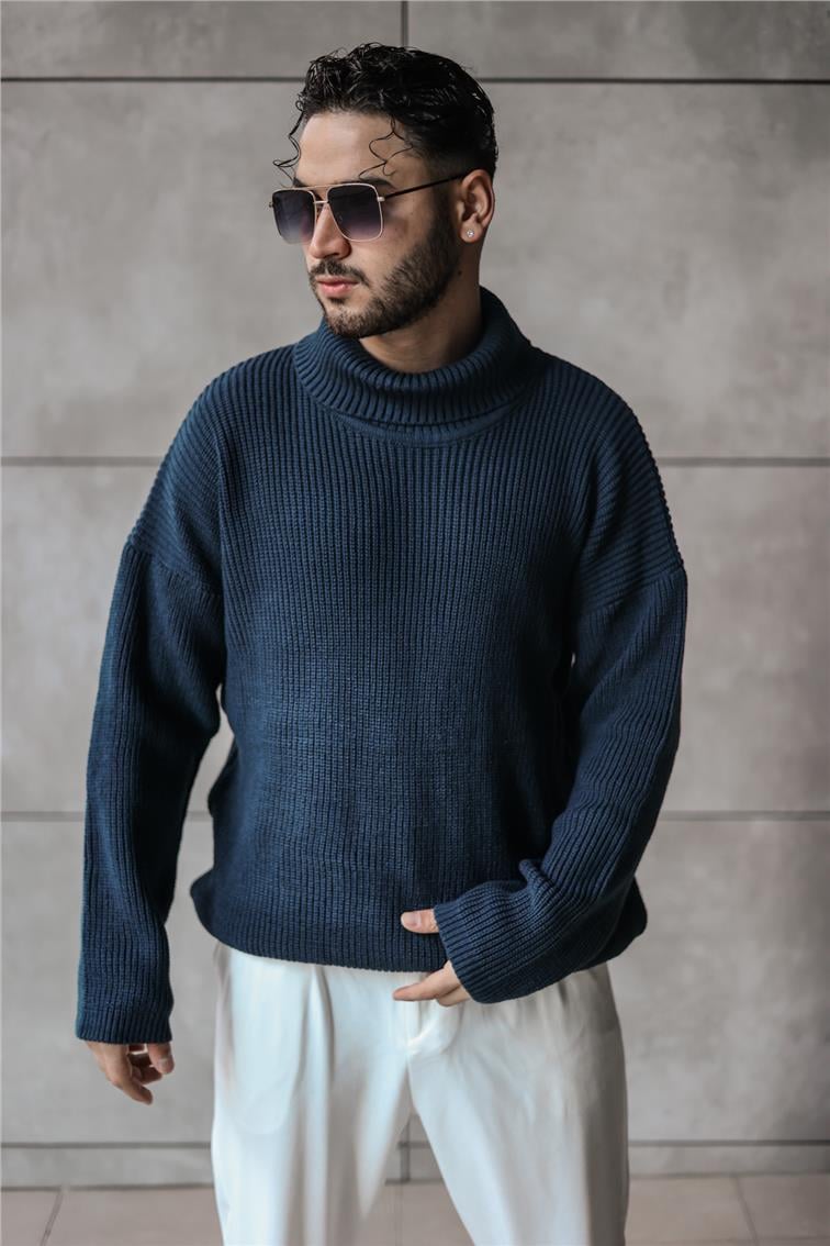 Boğazlı Örme Oversize Kazak İndigo
