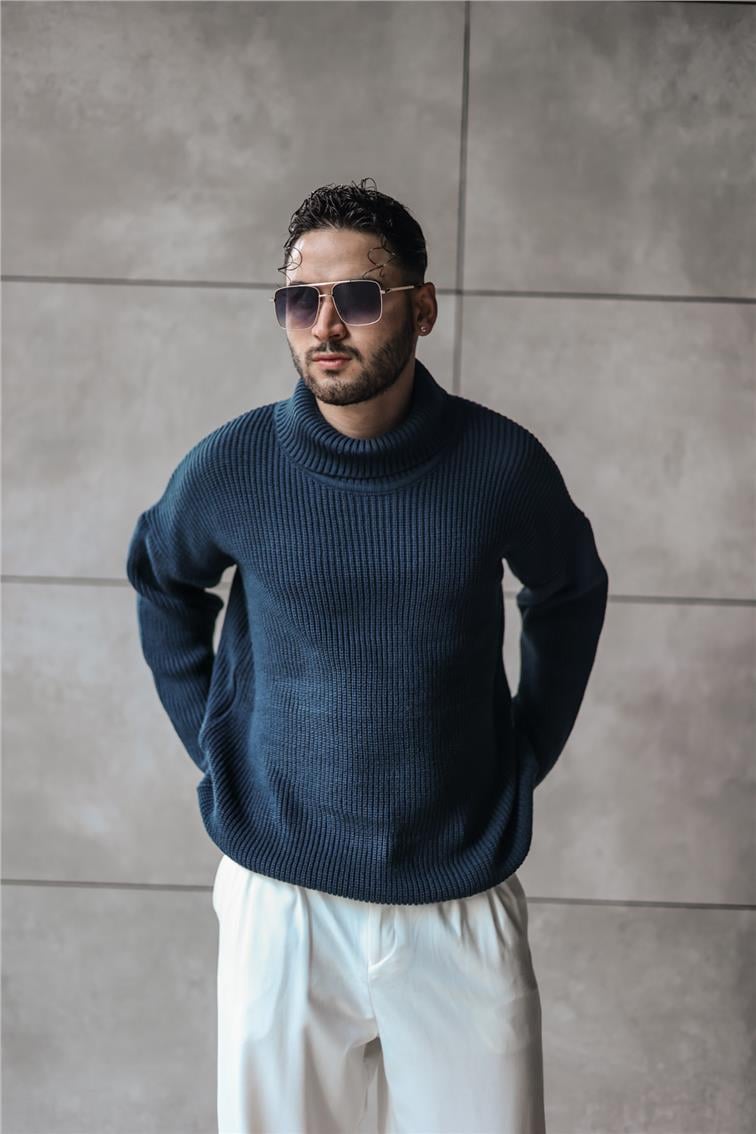 Boğazlı Örme Oversize Kazak İndigo