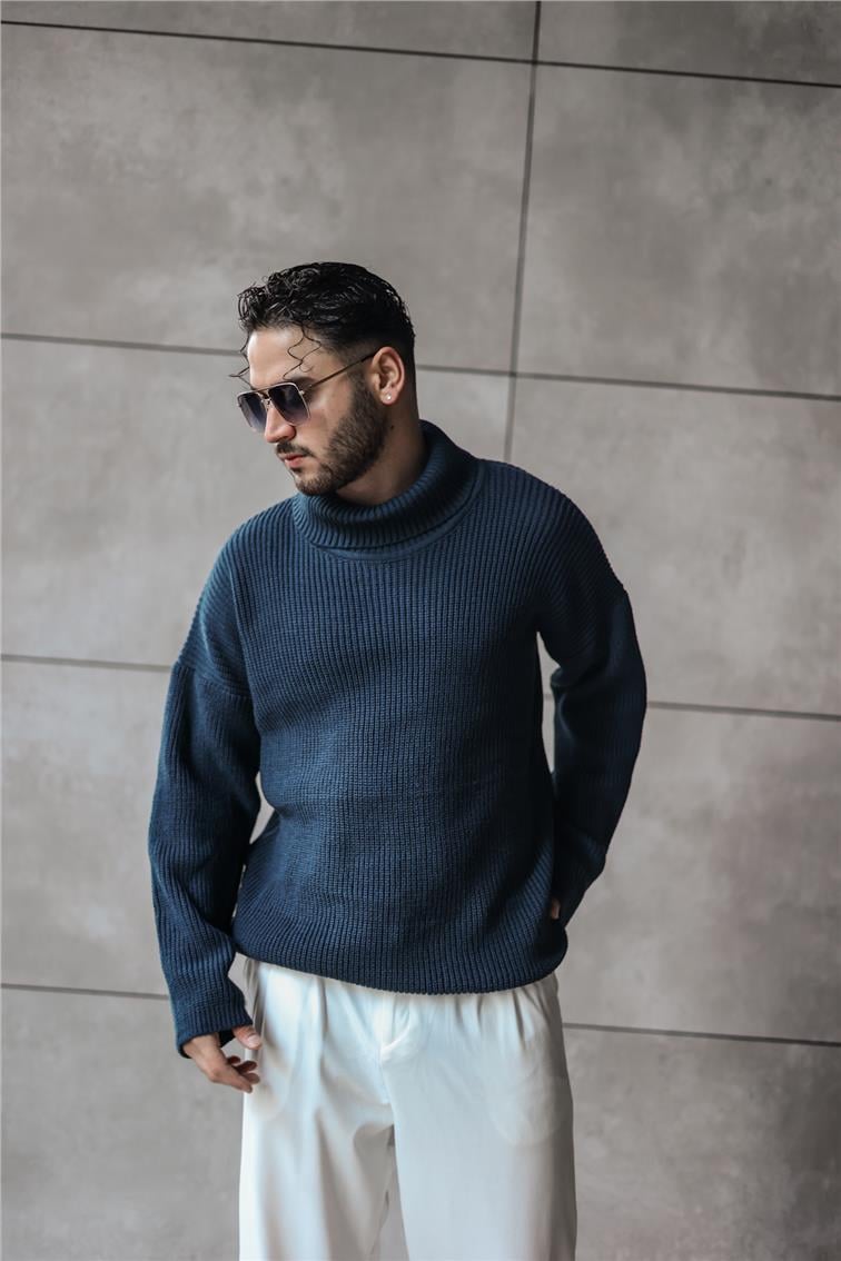 Boğazlı Örme Oversize Kazak İndigo