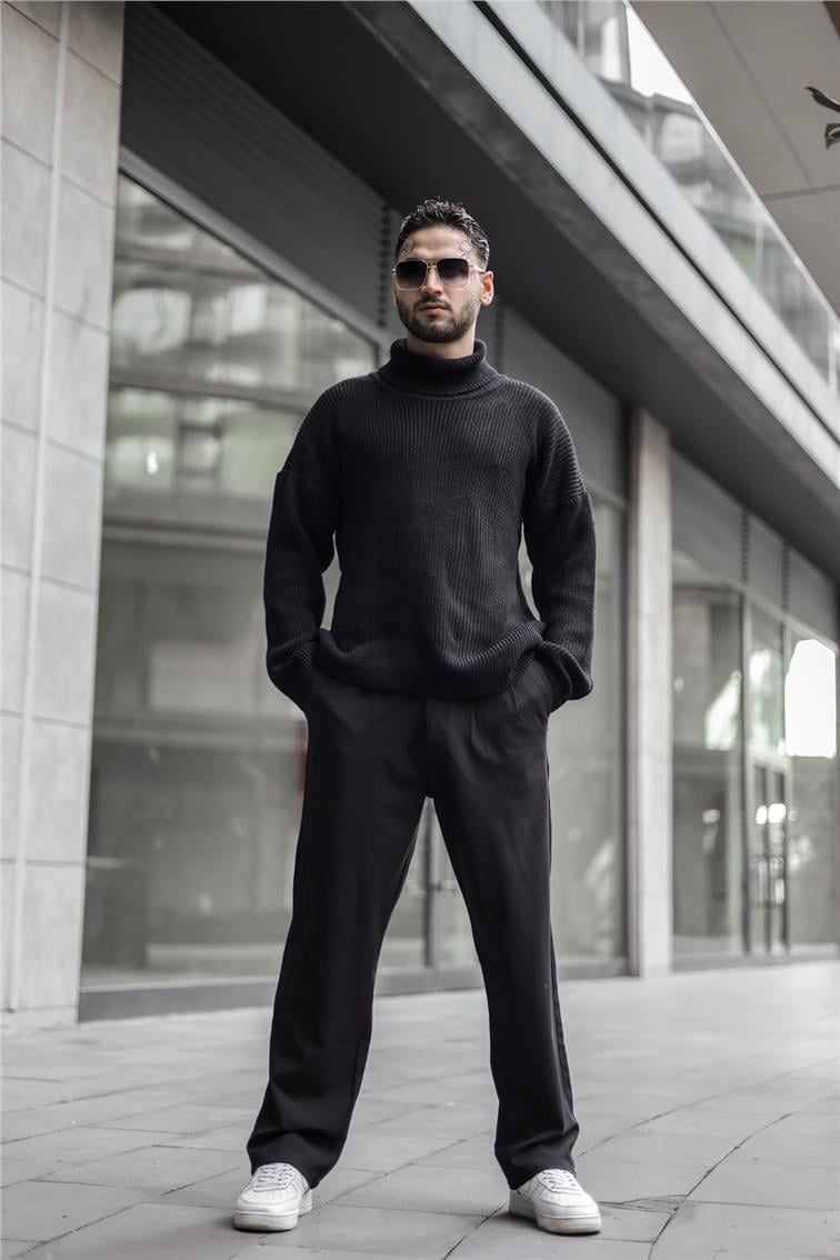 Boğazlı Örme Oversize Kazak Siyah