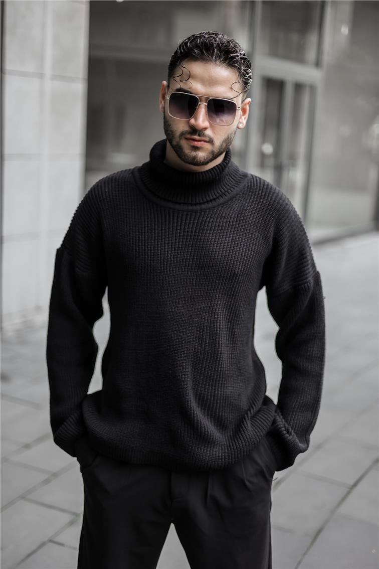 Boğazlı Örme Oversize Kazak Siyah