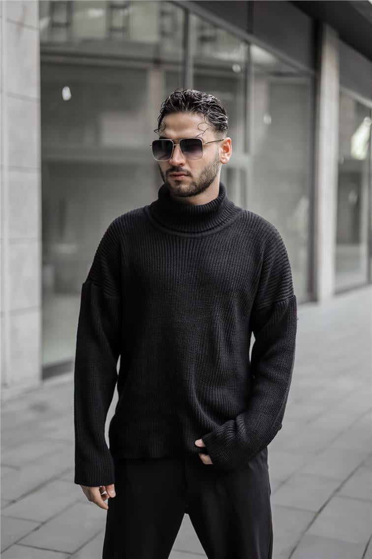 Boğazlı Örme Oversize Kazak Siyah