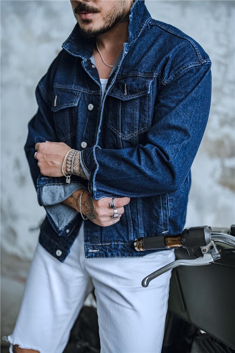 Boxy Fıt Denim Ceket Koyu Mavi