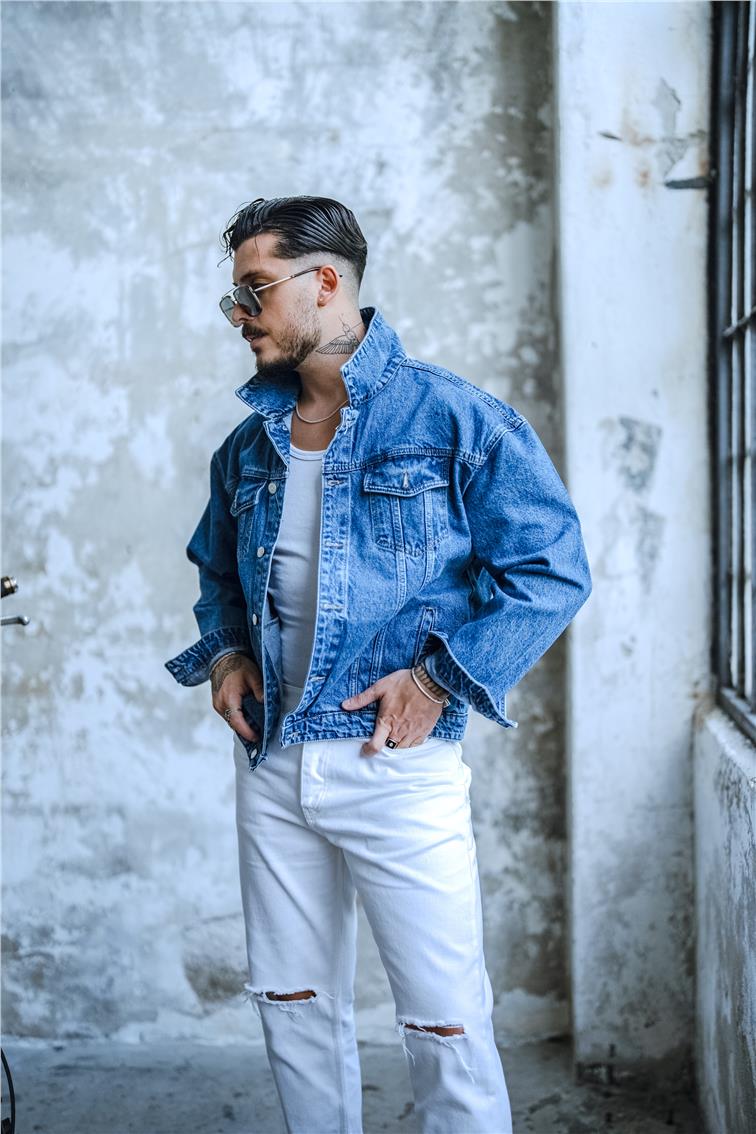 Boxy Fıt Denim Ceket Yıkamalı Mavi