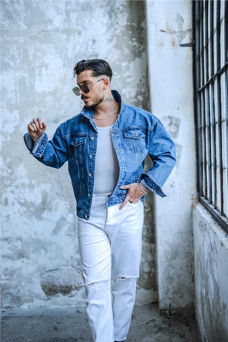 Boxy Fıt Denim Ceket Yıkamalı Mavi