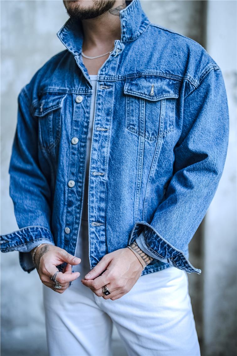 Boxy Fıt Denim Ceket Yıkamalı Mavi
