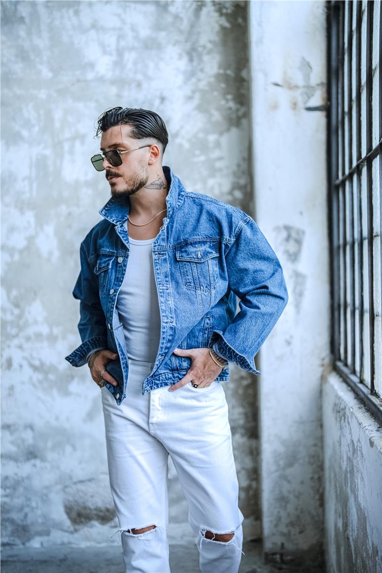 Boxy Fıt Denim Ceket Yıkamalı Mavi