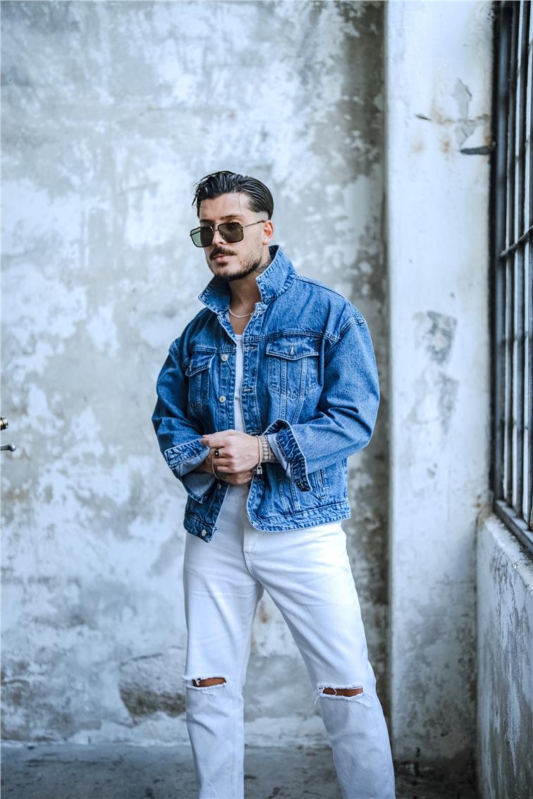 Boxy Fıt Denim Ceket Yıkamalı Mavi
