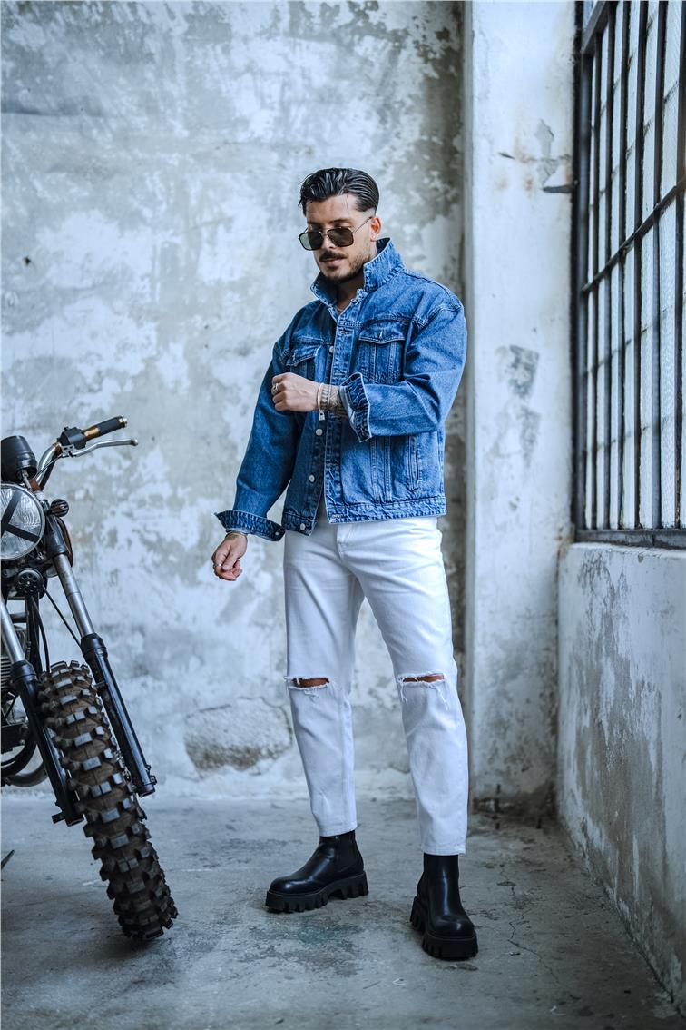 Boxy Fıt Denim Ceket Yıkamalı Mavi
