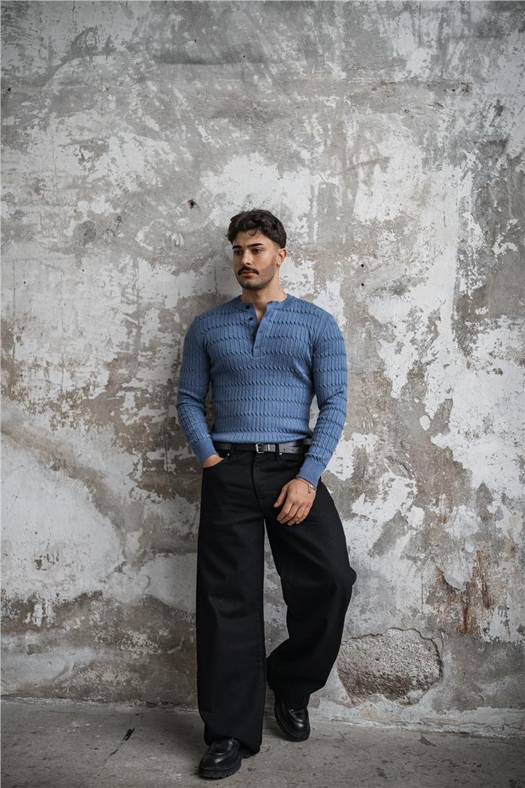 Burgulu Düğmeli Slim Fit Kazak İndigo