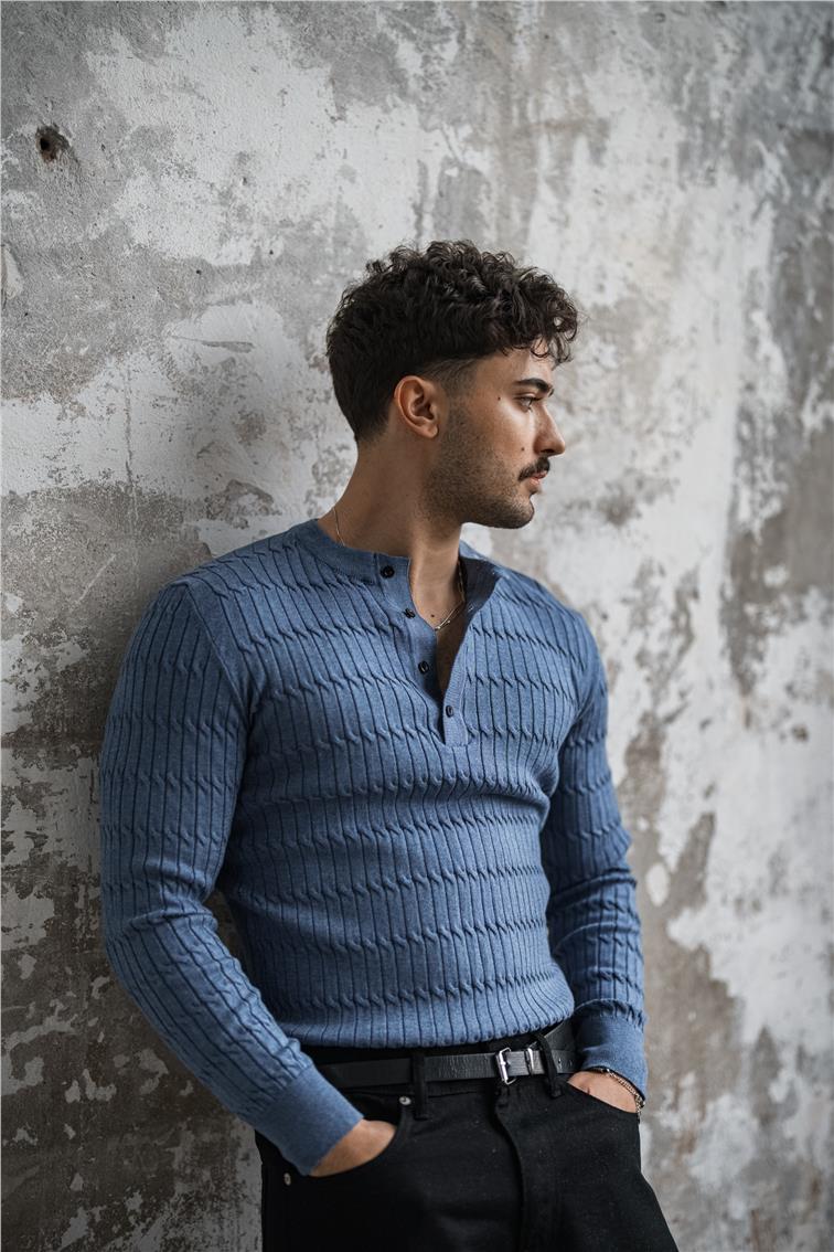 Burgulu Düğmeli Slim Fit Kazak İndigo