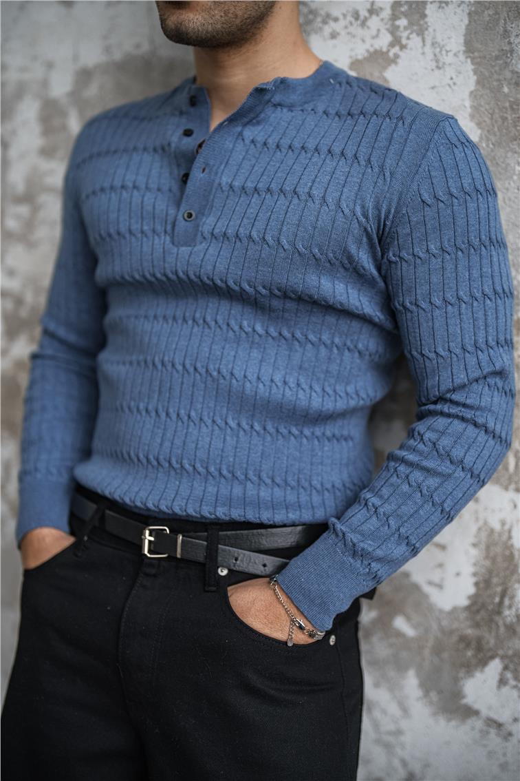 Burgulu Düğmeli Slim Fit Kazak İndigo