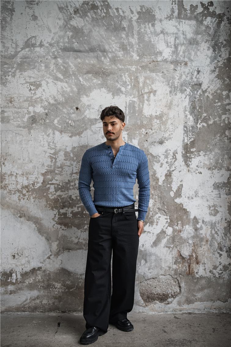 Burgulu Düğmeli Slim Fit Kazak İndigo