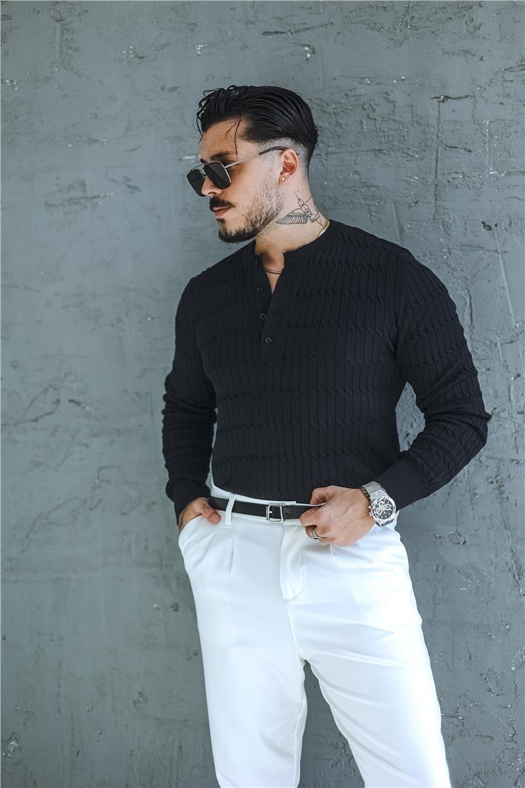 Burgulu Düğmeli Slim Fit Kazak Lacivert