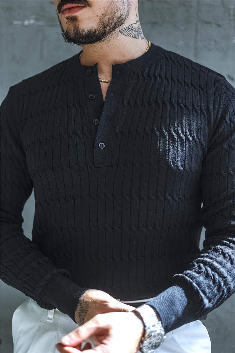 Burgulu Düğmeli Slim Fit Kazak Lacivert