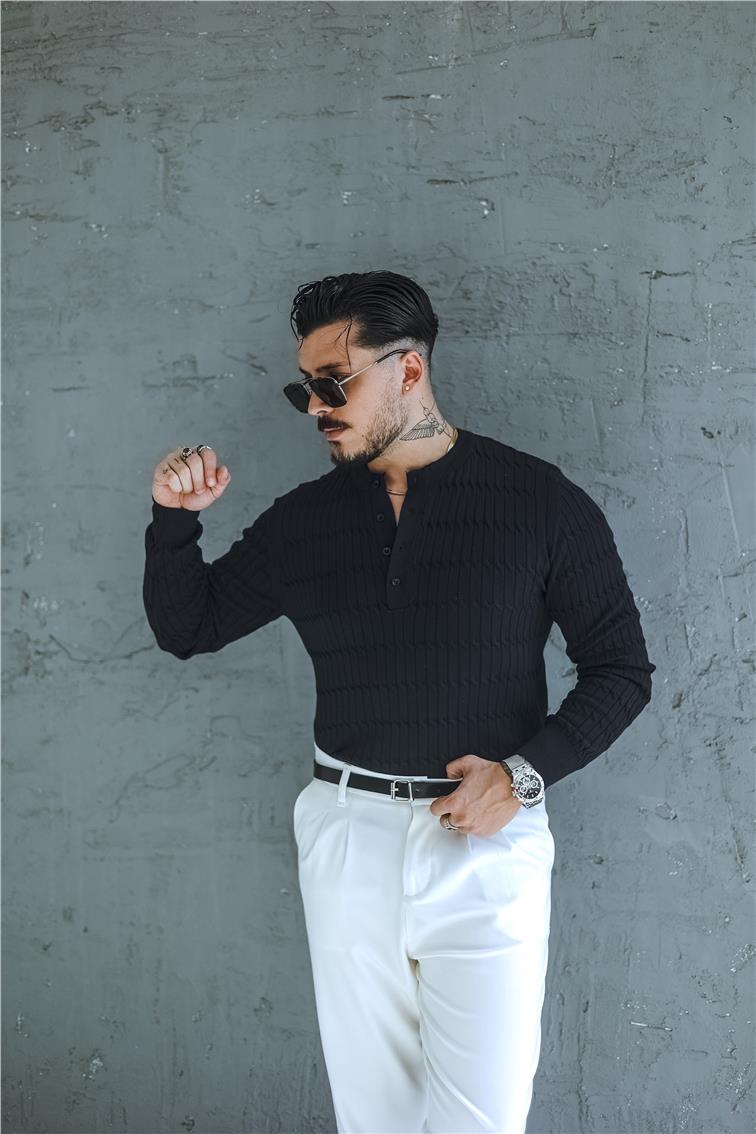 Burgulu Düğmeli Slim Fit Kazak Lacivert
