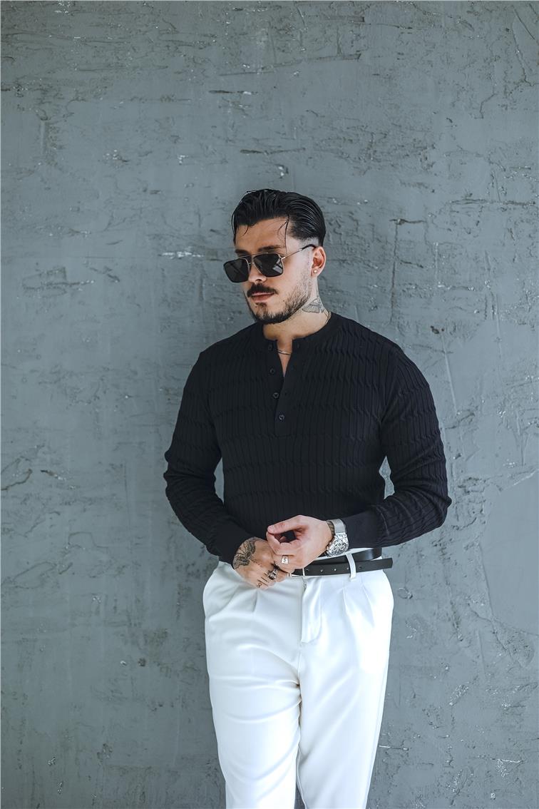 Burgulu Düğmeli Slim Fit Kazak Lacivert