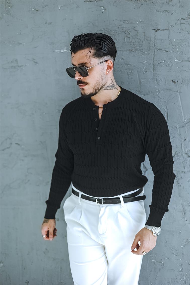 Burgulu Düğmeli Slim Fit Kazak Siyah