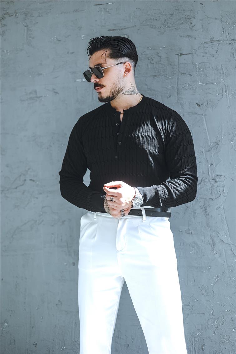 Burgulu Düğmeli Slim Fit Kazak Siyah